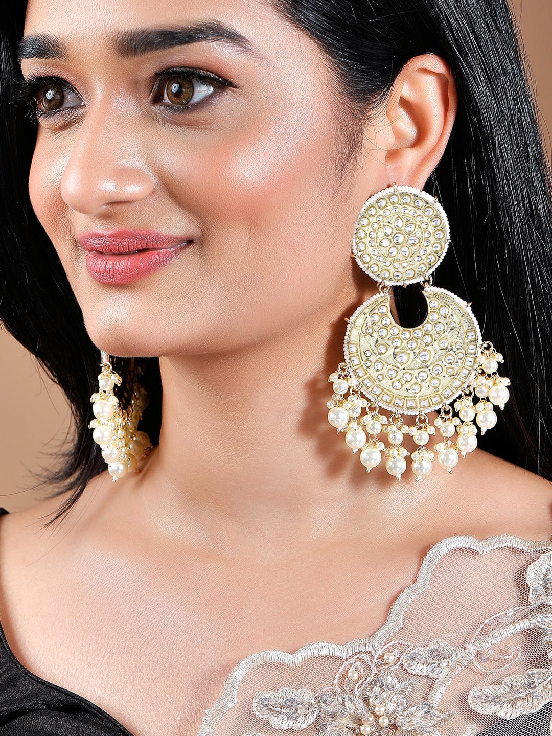 As Seen on - Rubans Gold Plated Handcrafted Kundan Studded White Beaded Chandbali Earrings Earrings