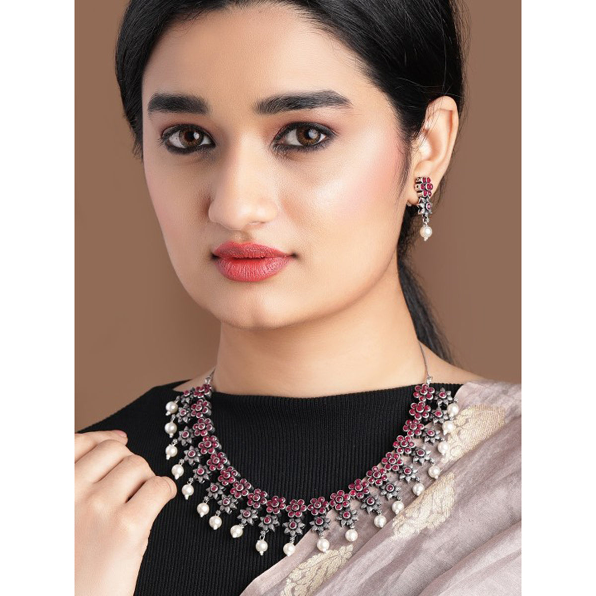 Rubans Oxidised Silver Plated Embellished With Faux Ruby Floral Necklace Set
