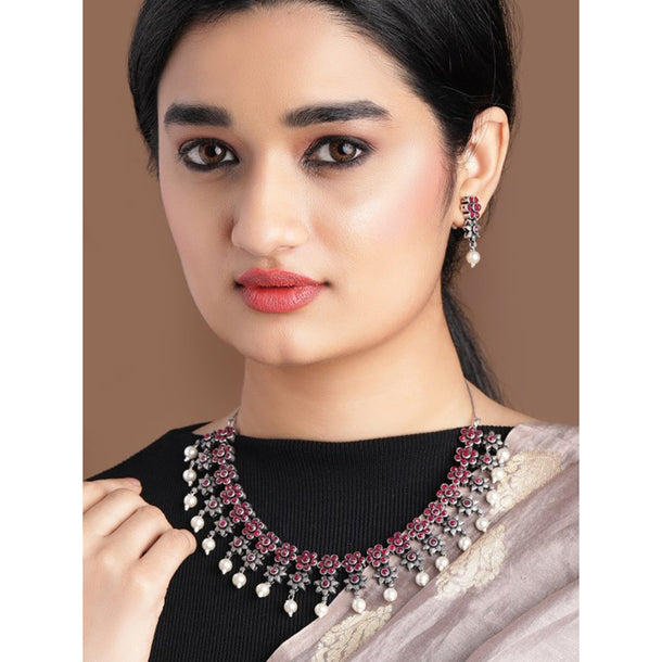 Rubans Oxidised Silver Plated Embellished With Faux Ruby Floral Necklace Set