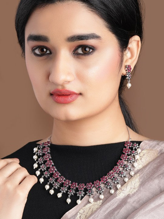 Rubans Oxidised Silver Plated Embellished With Faux Ruby Floral Necklace Set