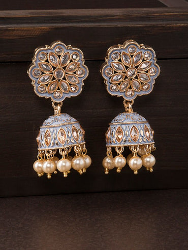 Rubans Gold Plated Grey Enamel AD Studded Pastel Statement Jhumka Earrings