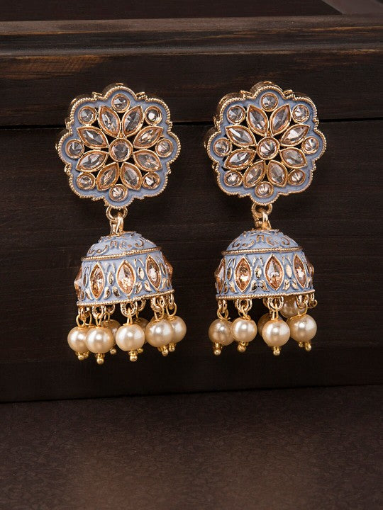Rubans Gold Plated Grey Enamel AD Studded Pastel Statement Jhumka Earrings