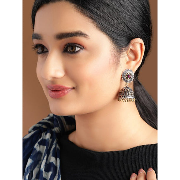 Rubans Silver Plated Handcrafted Oxidised Dual Tone Jhumka Earrings