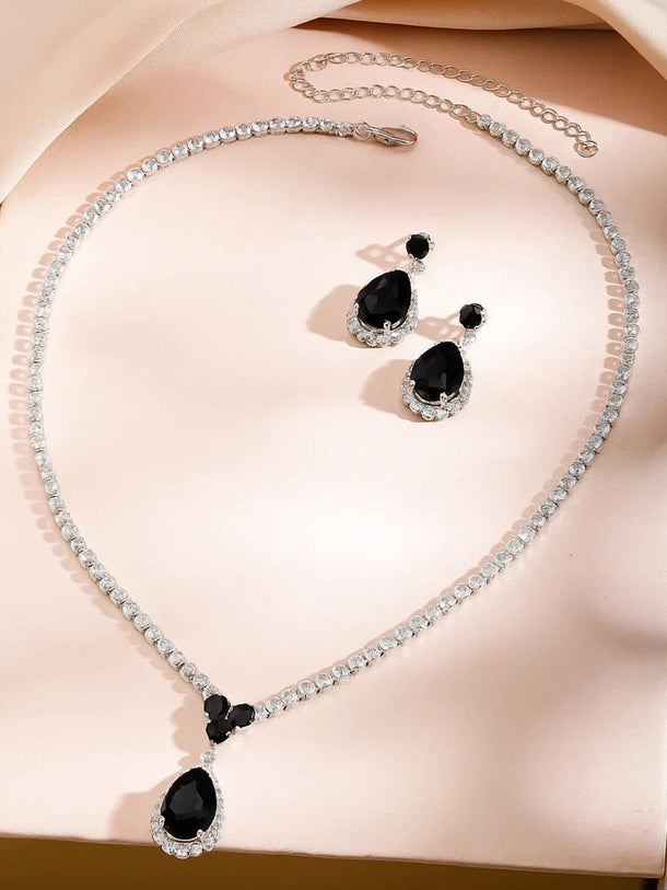 Black American Diamond Zirconia Teardrop Necklace Set Jewellery Set