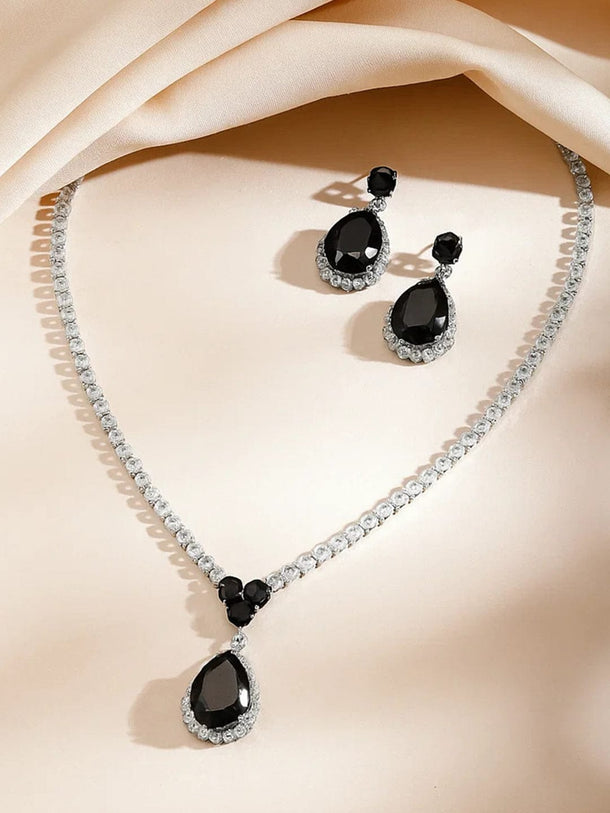 Black American Diamond Zirconia Teardrop Necklace Set Jewellery Set