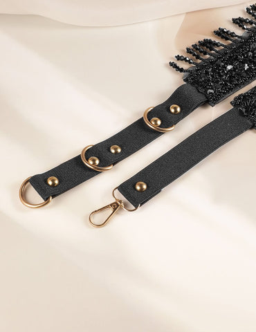 Black Beaded & Crystal Zirconia Studded Adjustable Waist Belt with Fabric Base Belts