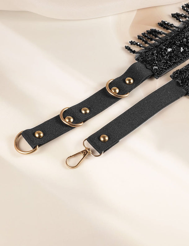 Black Beaded & Crystal Zirconia Studded Adjustable Waist Belt with Fabric Base Belts