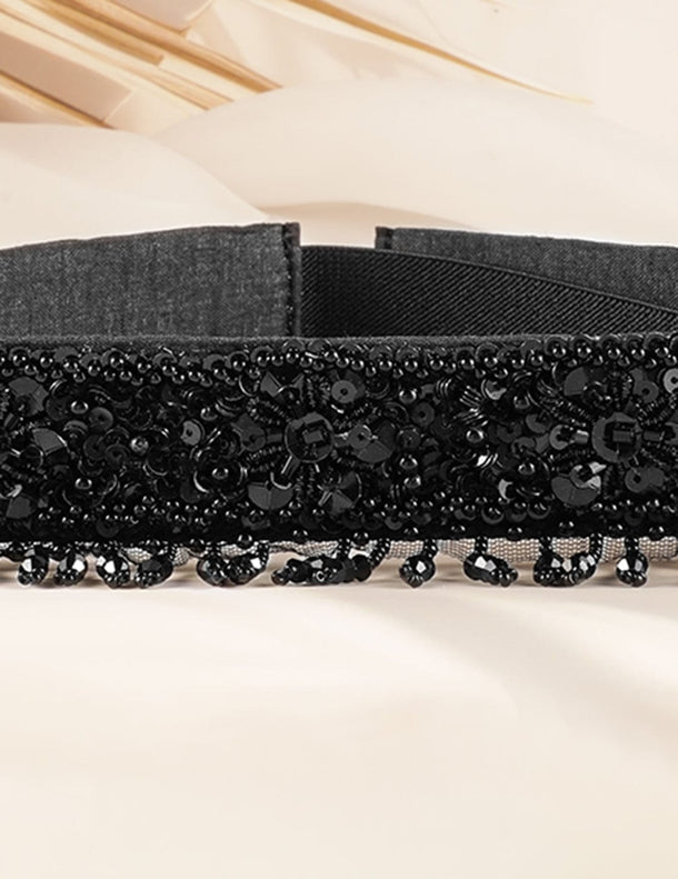 Black Beaded & Crystal Zirconia Studded Adjustable Waist Belt with Fabric Base Belts