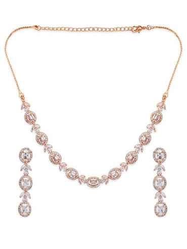 Rubans Simple Gold Toned CZ Necklace Set with Long Earrings