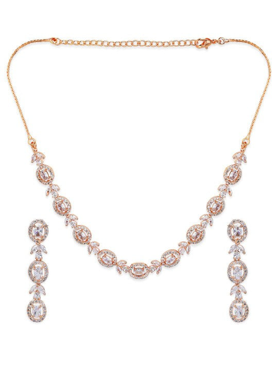 Rubans Simple Gold Toned CZ Necklace Set with Long Earrings