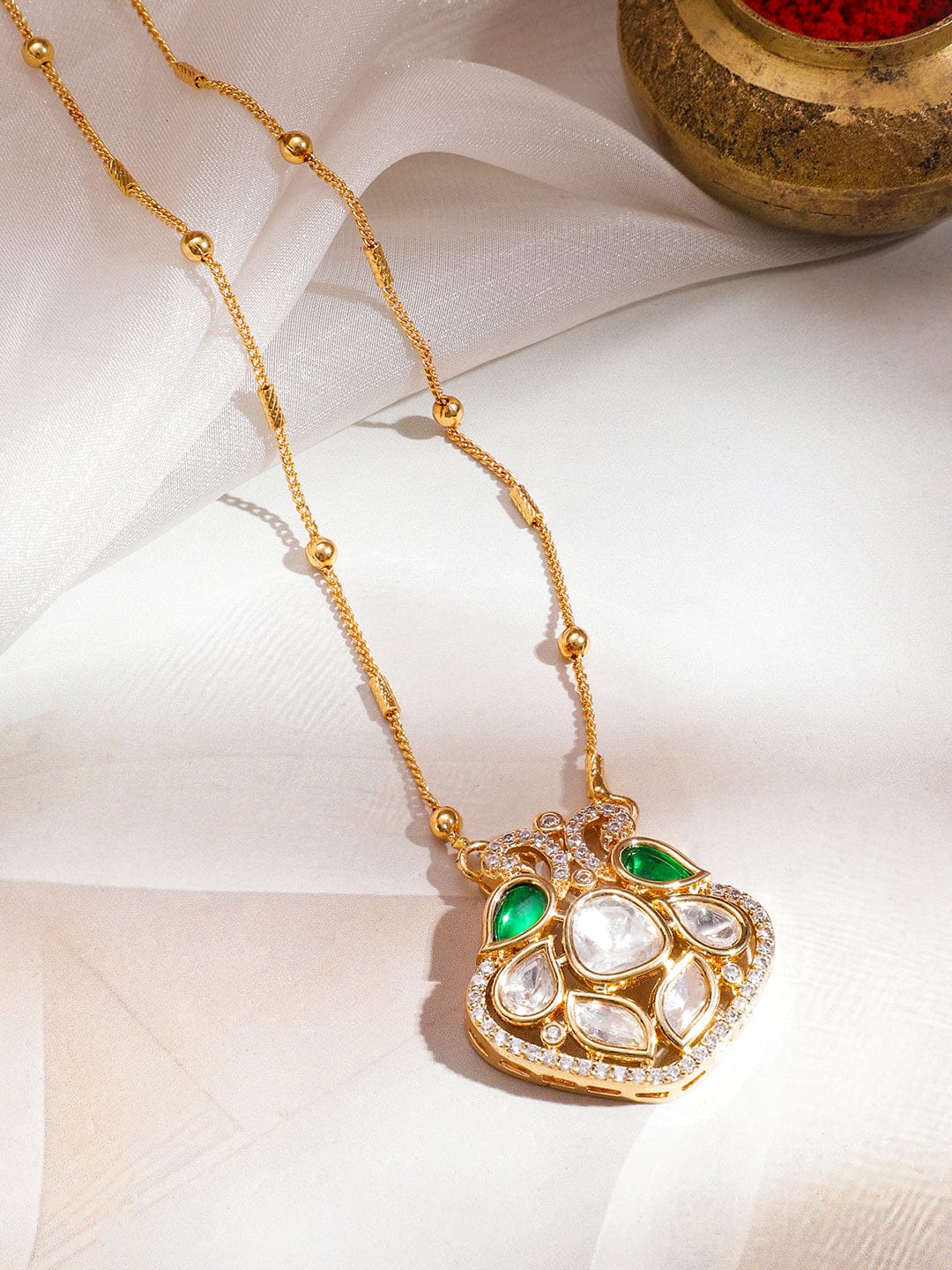Captivating Green Kundan & American Diamond Zirconia Pendant Necklace Necklace & Chains