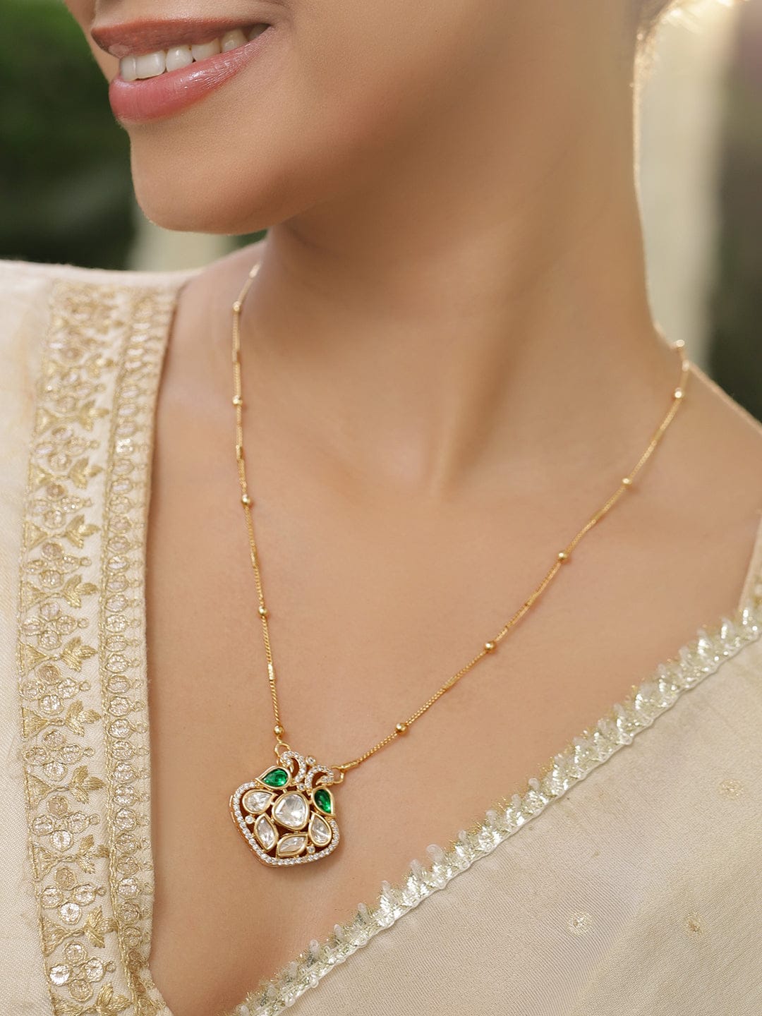 Captivating Green Kundan & American Diamond Zirconia Pendant Necklace Necklace & Chains