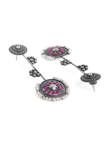 Rubans Oxidised Silver Plated Handcrafted Ruby Stone with White Pearls Drop Earrings