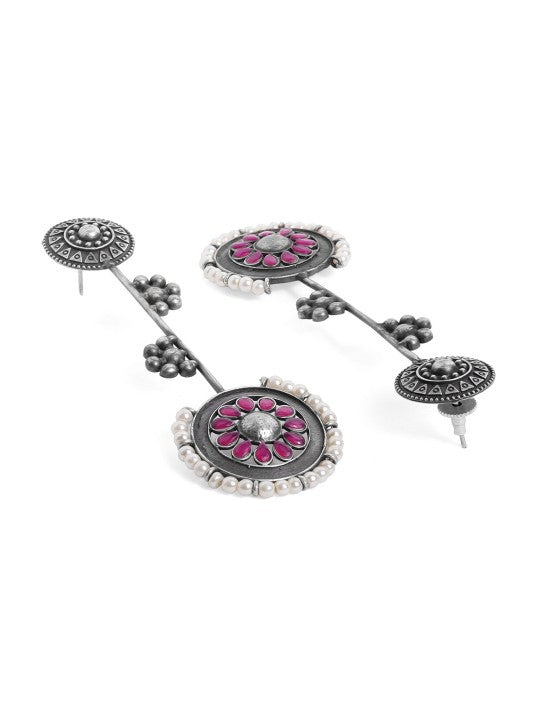 Rubans Oxidised Silver Plated Handcrafted Ruby Stone with White Pearls Drop Earrings