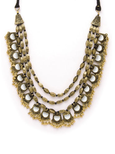Rubans Dual Tone in Silver and Gold, Mirror Detailing with Gold Beads Multilayer Necklace
