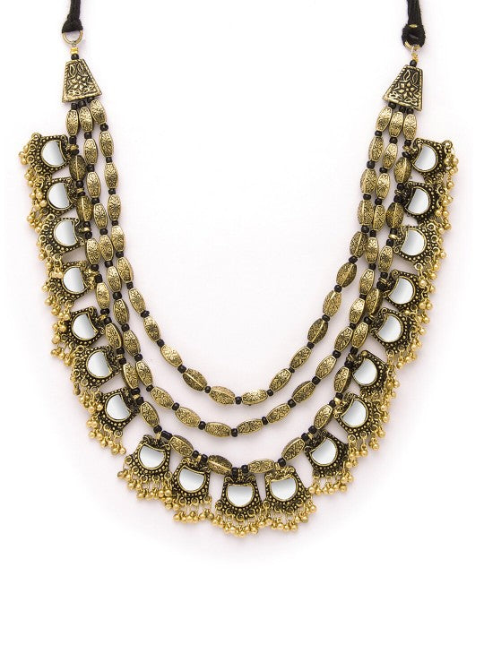 Rubans Dual Tone in Silver and Gold, Mirror Detailing with Gold Beads Multilayer Necklace