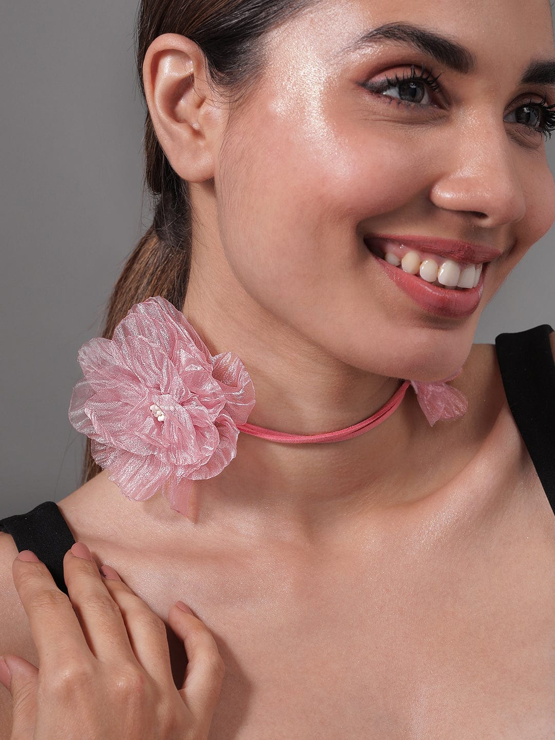 Charming Double Pink Floral Choker with Soft Rope Detailing - Stylish Statement Jewelry Necklace & Chains