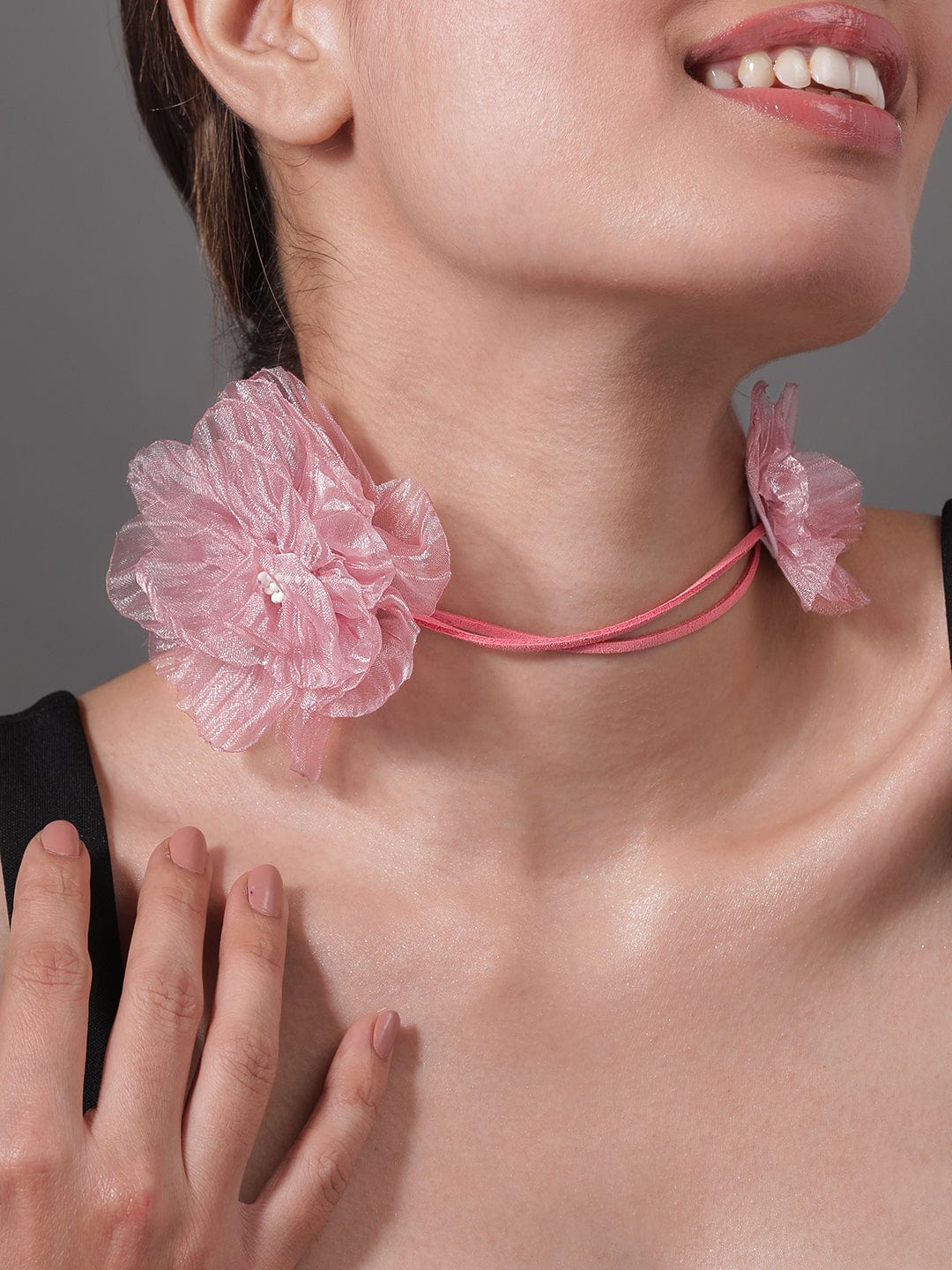 Charming Double Pink Floral Choker with Soft Rope Detailing - Stylish Statement Jewelry Necklace & Chains