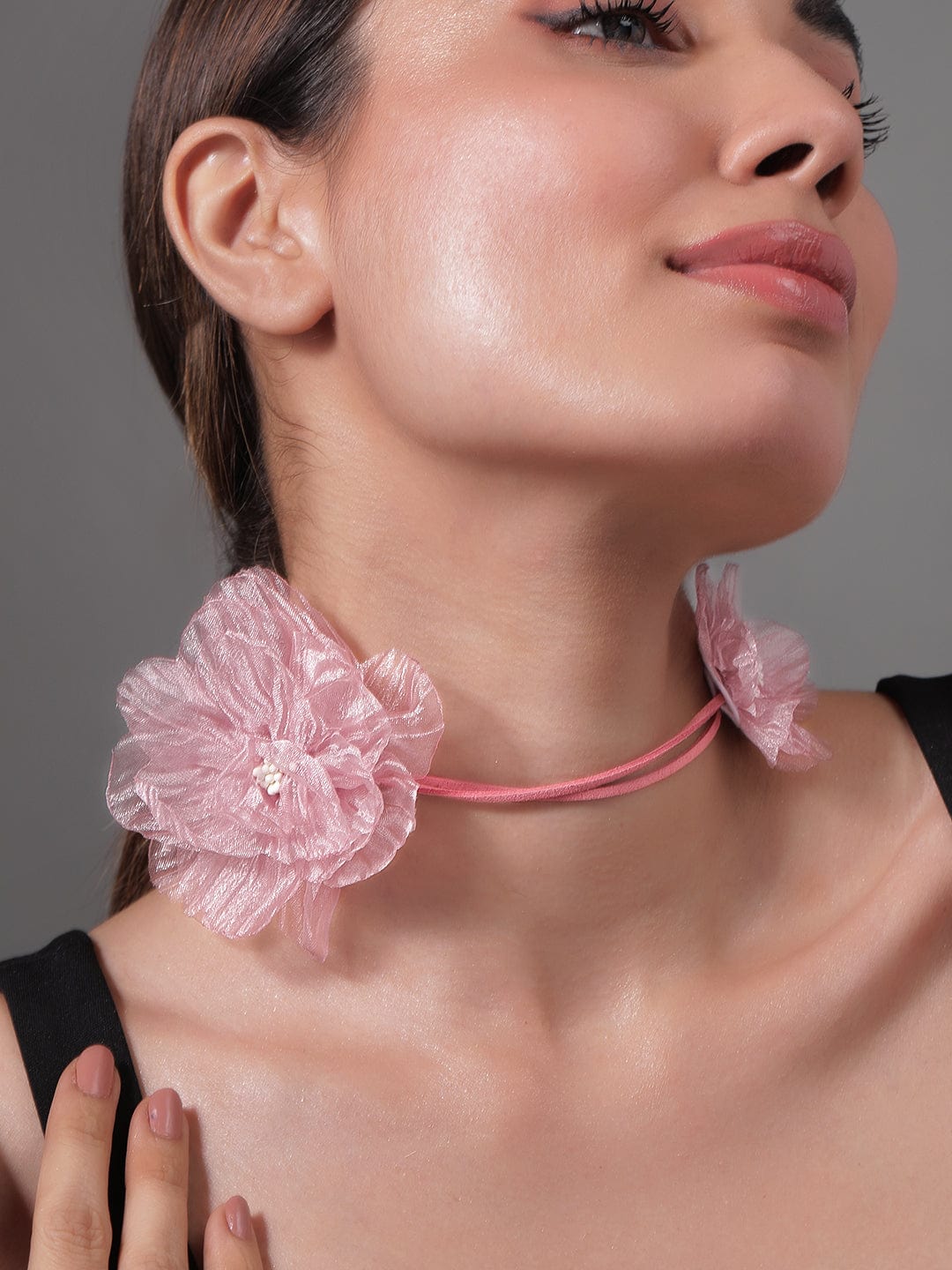 Charming Double Pink Floral Choker with Soft Rope Detailing - Stylish Statement Jewelry Necklace & Chains