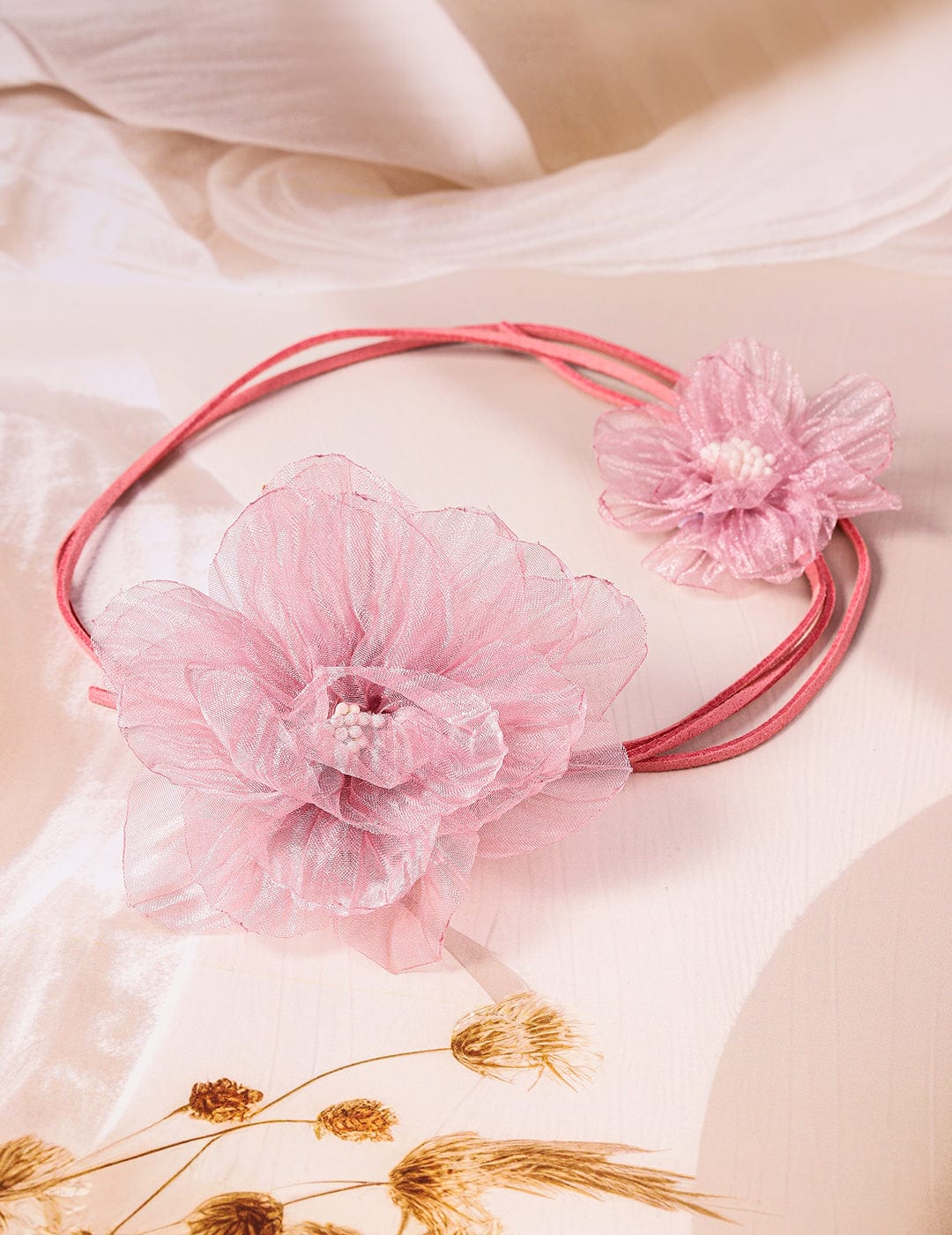 Charming Double Pink Floral Choker with Soft Rope Detailing - Stylish Statement Jewelry Necklace & Chains