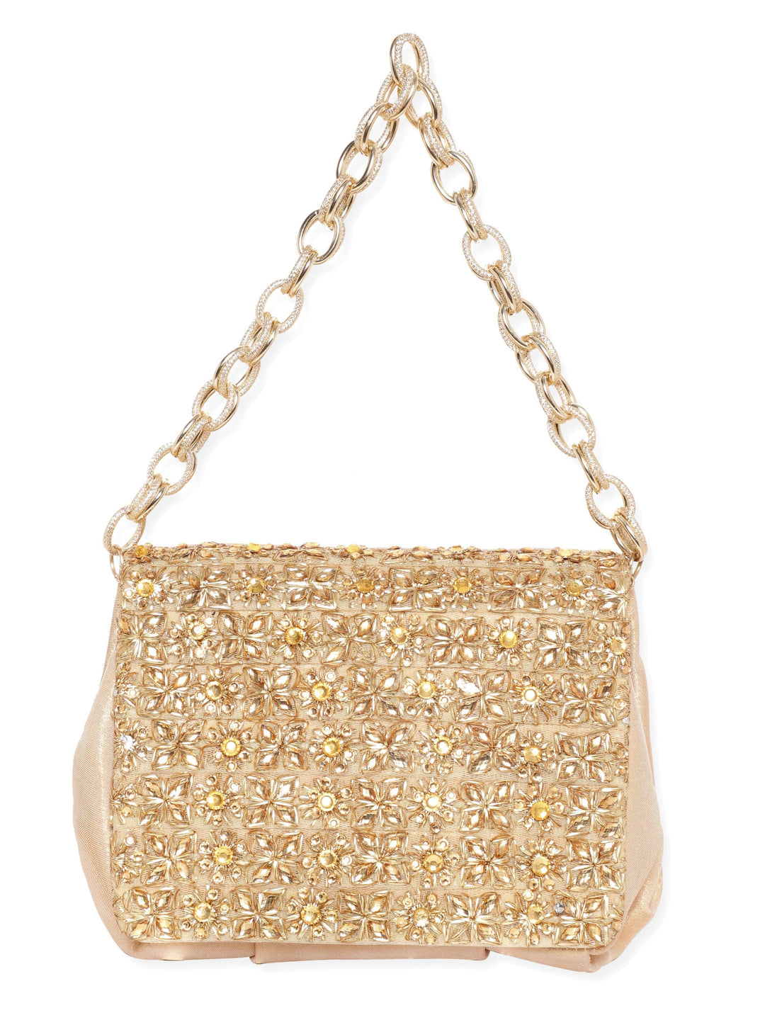 Chic Glimmer Gold Handbag with Beaded Embellishments - Modern Elegance Handbag, Wallet Accessories & Clutches