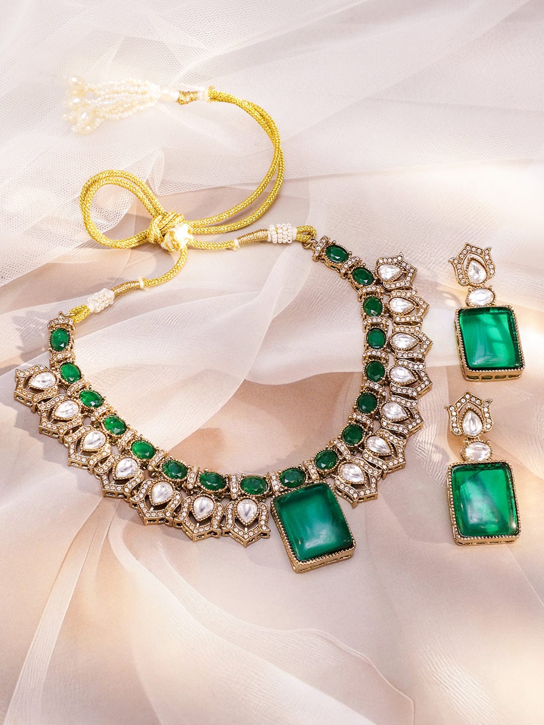 Chic Green Kundan Necklace Set Jewellery Set