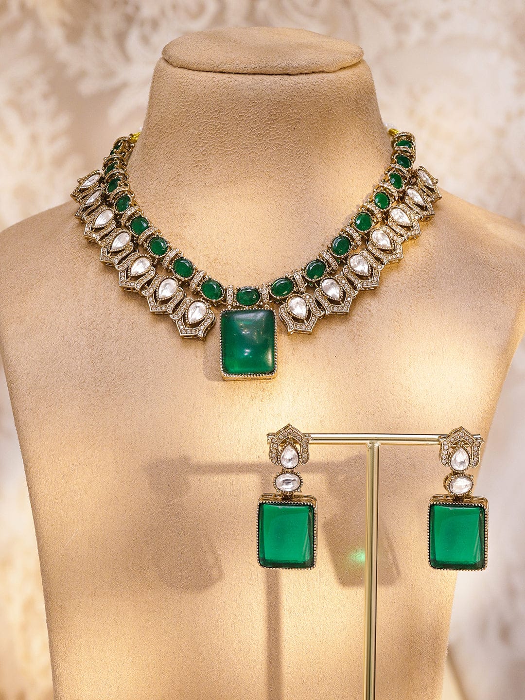 Chic Green Kundan Necklace Set Jewellery Set