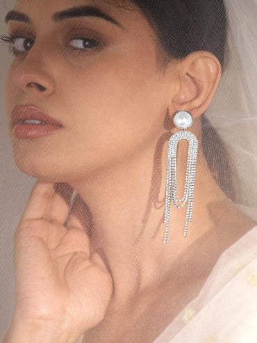 Chic Motion American Diamond Zirconia & Pearl Tassel Drops Earrings