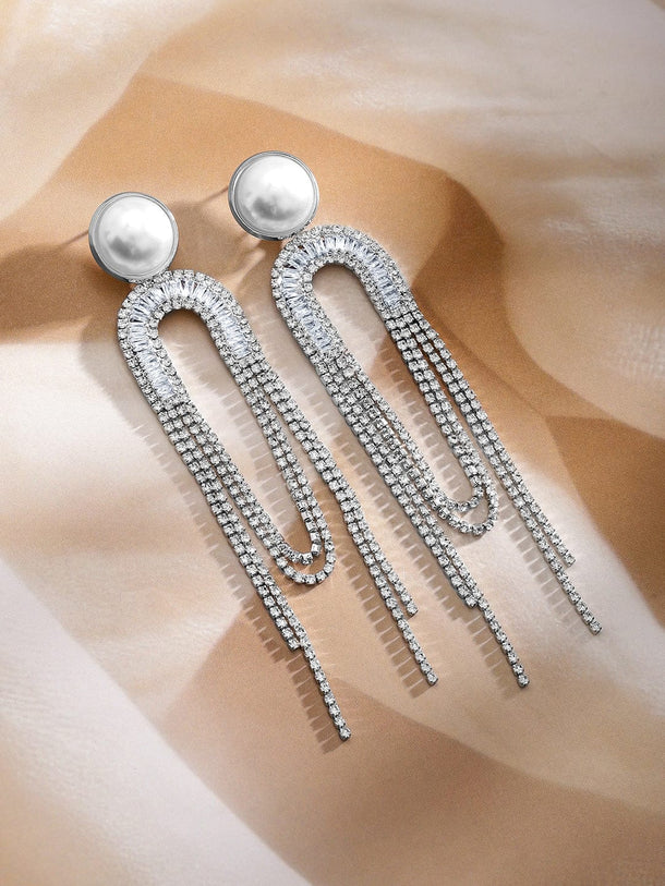 Chic Motion American Diamond Zirconia & Pearl Tassel Drops Earrings