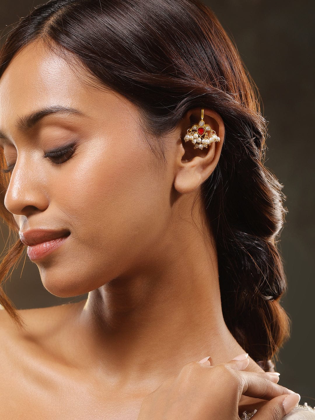 Chic Ruby & Pearl Glow Ear Cuff Earrings