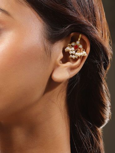 Chic Ruby & Pearl Glow Ear Cuff Earrings