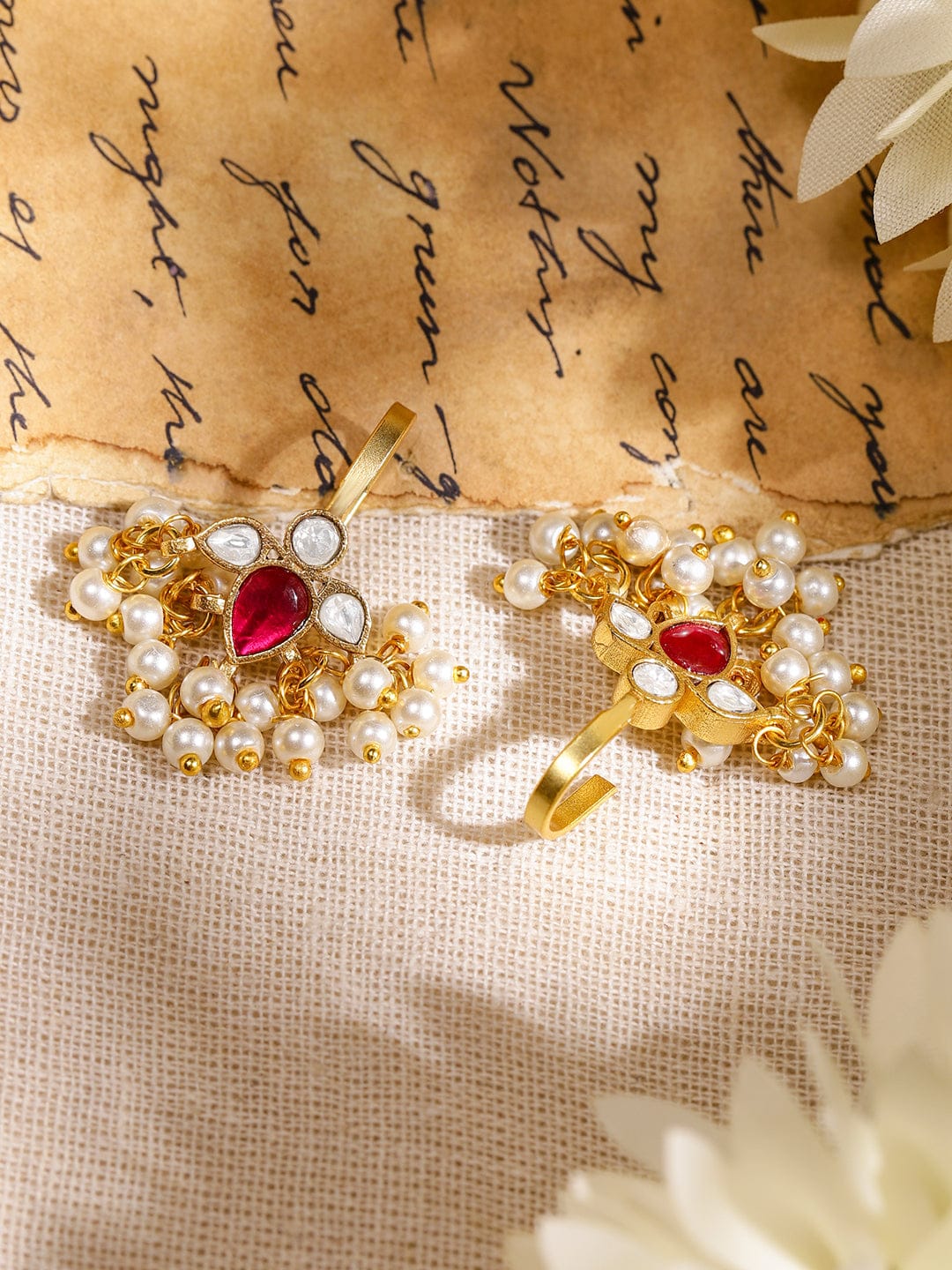 Chic Ruby & Pearl Glow Ear Cuff Earrings