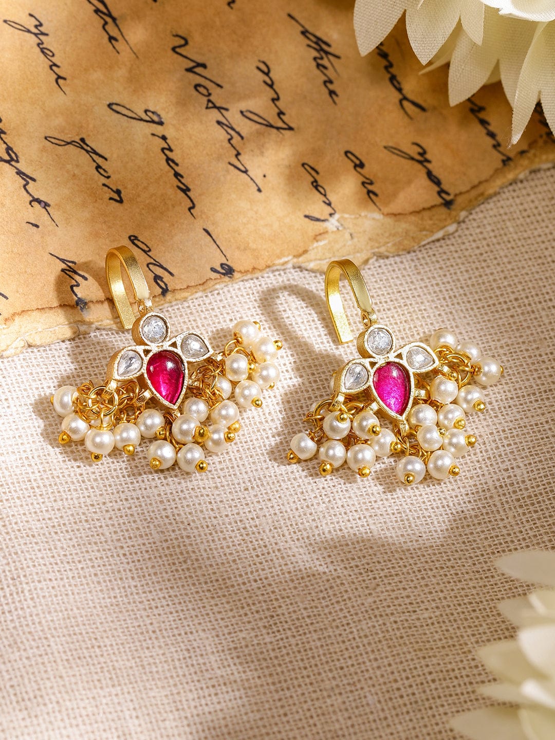 Chic Ruby & Pearl Glow Ear Cuff Earrings
