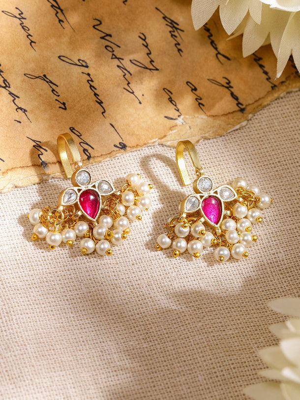 Chic Ruby & Pearl Glow Ear Cuff Earrings