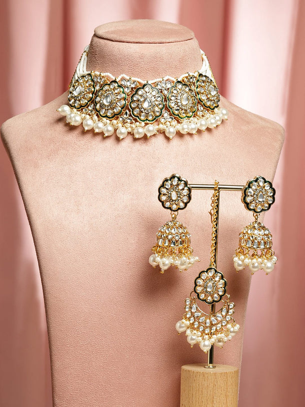 Classic Green & White Kundan Necklace Set Jewellery Set