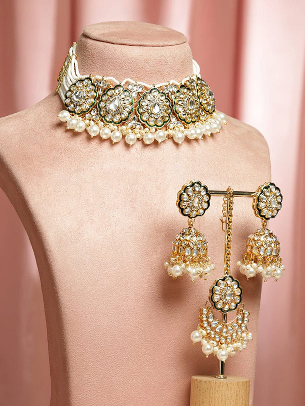 Classic Green & White Kundan Necklace Set Jewellery Set