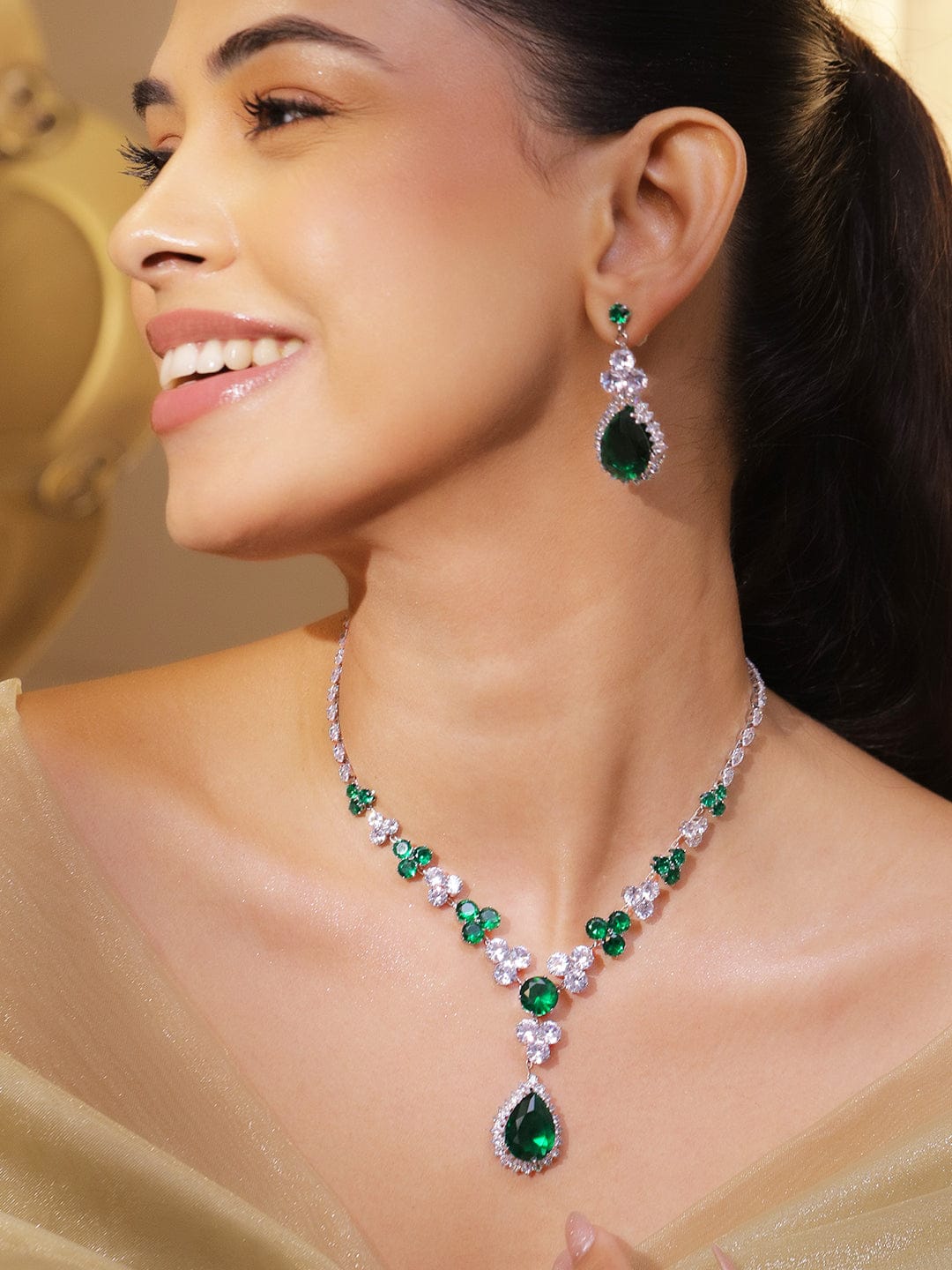 Cocktail Glam Emerald Green White Crystal Necklace Set Jewellery Set