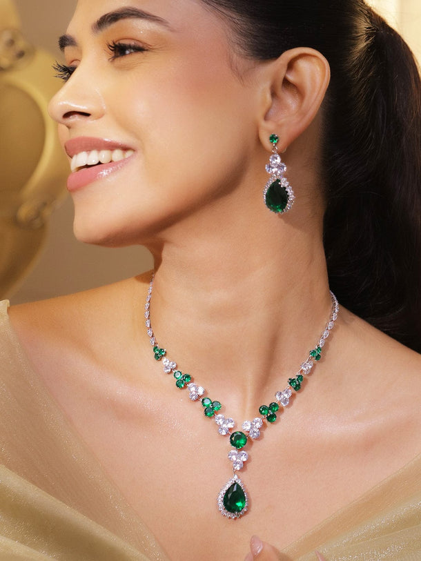 Cocktail Glam Emerald Green White Crystal Necklace Set Jewellery Set