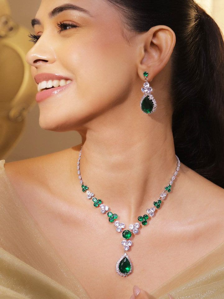 Cocktail Glam Emerald Green White Crystal Necklace Set Jewellery Set