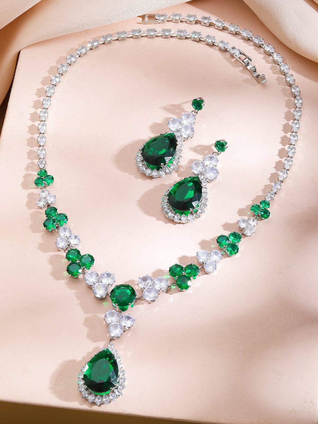 Cocktail Glam Emerald Green White Crystal Necklace Set Jewellery Set
