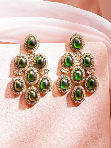 Contemporary American Diamond Zirconia Green Stone Danglers Earrings