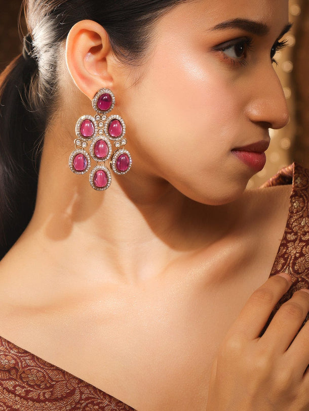 Contemporary American Diamond Zirconia Pink Stone Danglers Earrings