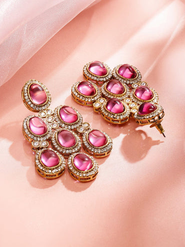 Contemporary American Diamond Zirconia Pink Stone Danglers Earrings