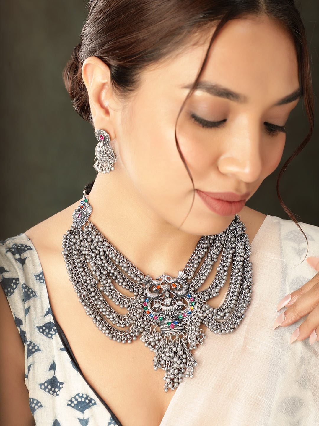 Copy of Oxidized Silver plated Multilayered Lavish Ghungroo Beaded Statement Necklace Set Jewellery Sets