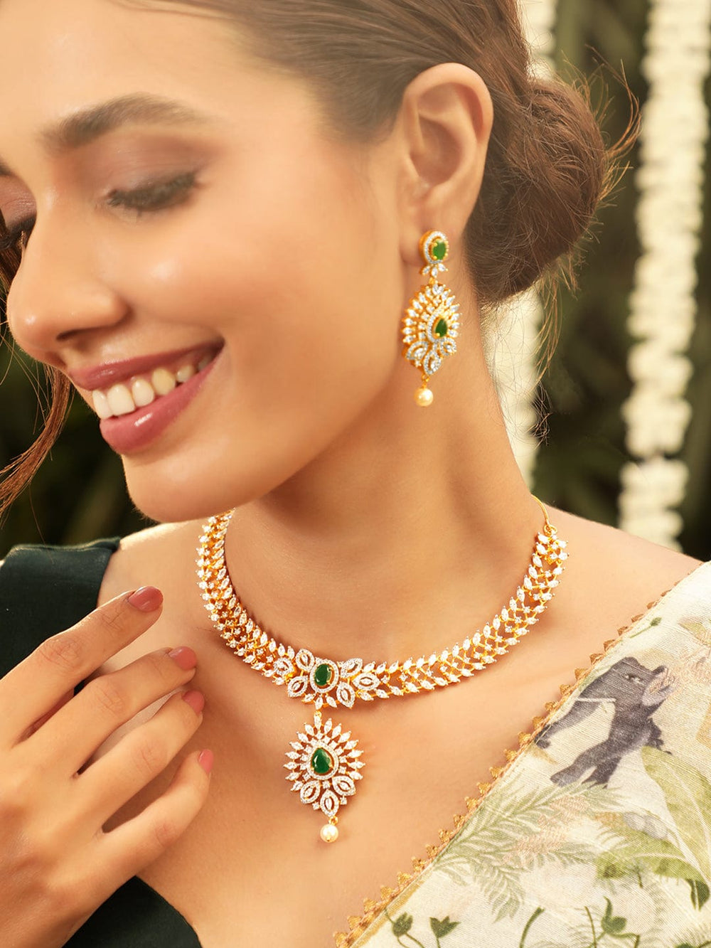 Copy of Radiant Elegance 18K Rose Gold Emerald Zirconia Studded Jewelry Set Necklaces, Necklace Sets, Chains & Mangalsutra
