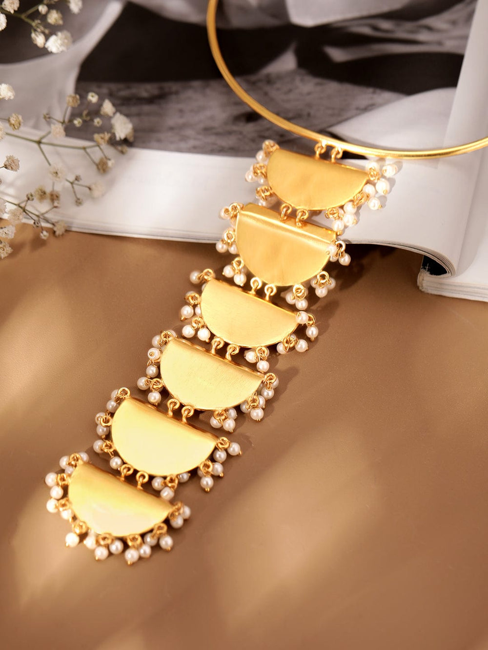 Copy of Rubans 18K Gold plated pearl bedded crystal studded minimal necklace set Necklace