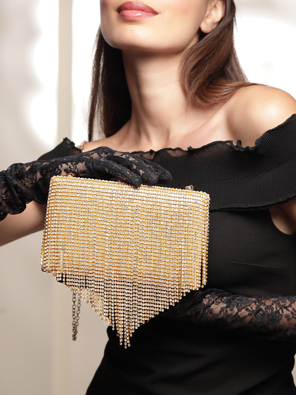 Cream With Dazzling Crystal Zirconia Embellished Contemporary tassels Clutch handbag Handbag, Wallet Accessories & Clutche