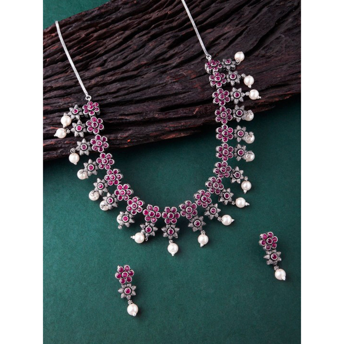 Rubans Oxidised Silver Plated Embellished With Faux Ruby Floral Necklace Set