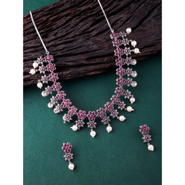 Rubans Oxidised Silver Plated Embellished With Faux Ruby Floral Necklace Set