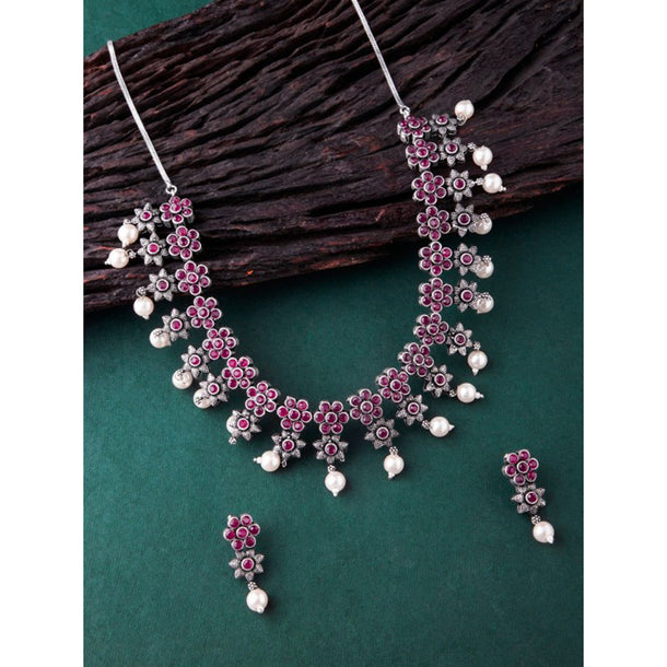 Rubans Oxidised Silver Plated Embellished With Faux Ruby Floral Necklace Set